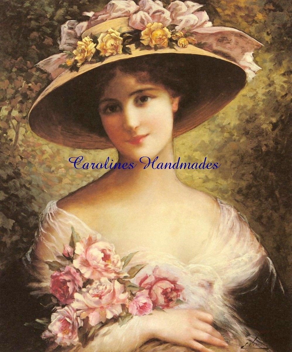 Roses Big Hat Lady Reproduction Cotton Fabric Print 4X5" Applique