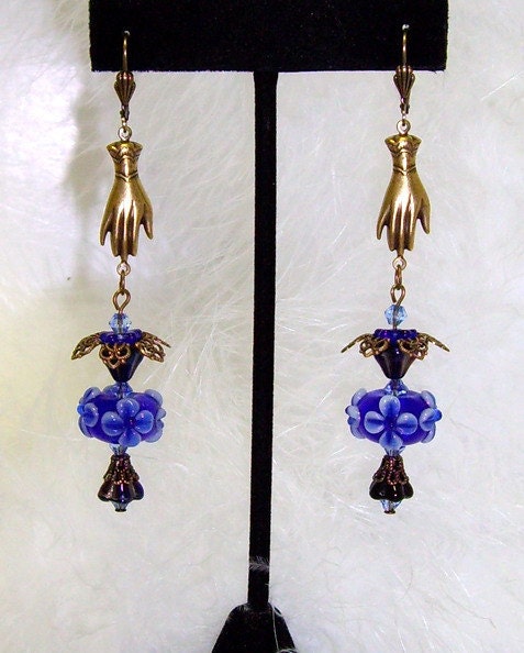 Victorian Blue Magic Dangle Earings 3.5" Length By Caroline Erbsland OOAK