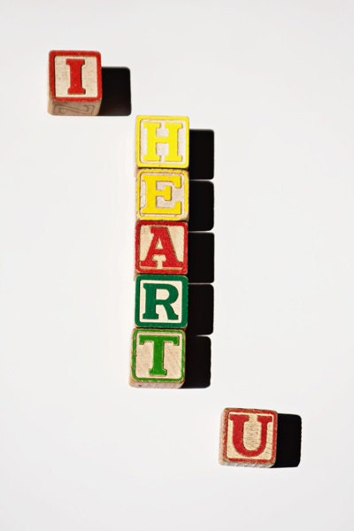Romantic fun colorful vivid photo love decor for children kids under 25 vintage blocks letters bright red green yellow - Fine Art Print