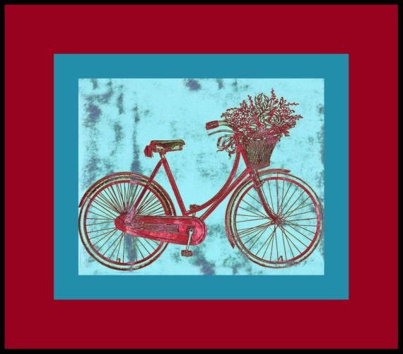 Teal Blue Green Bicycle Art Print Colorful Cranberry Red European Wall Art