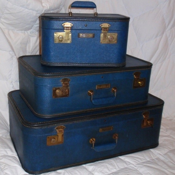 Antique 1950s SUITCASE SET Dark Blue 3 PIECES by stephaniegeisler