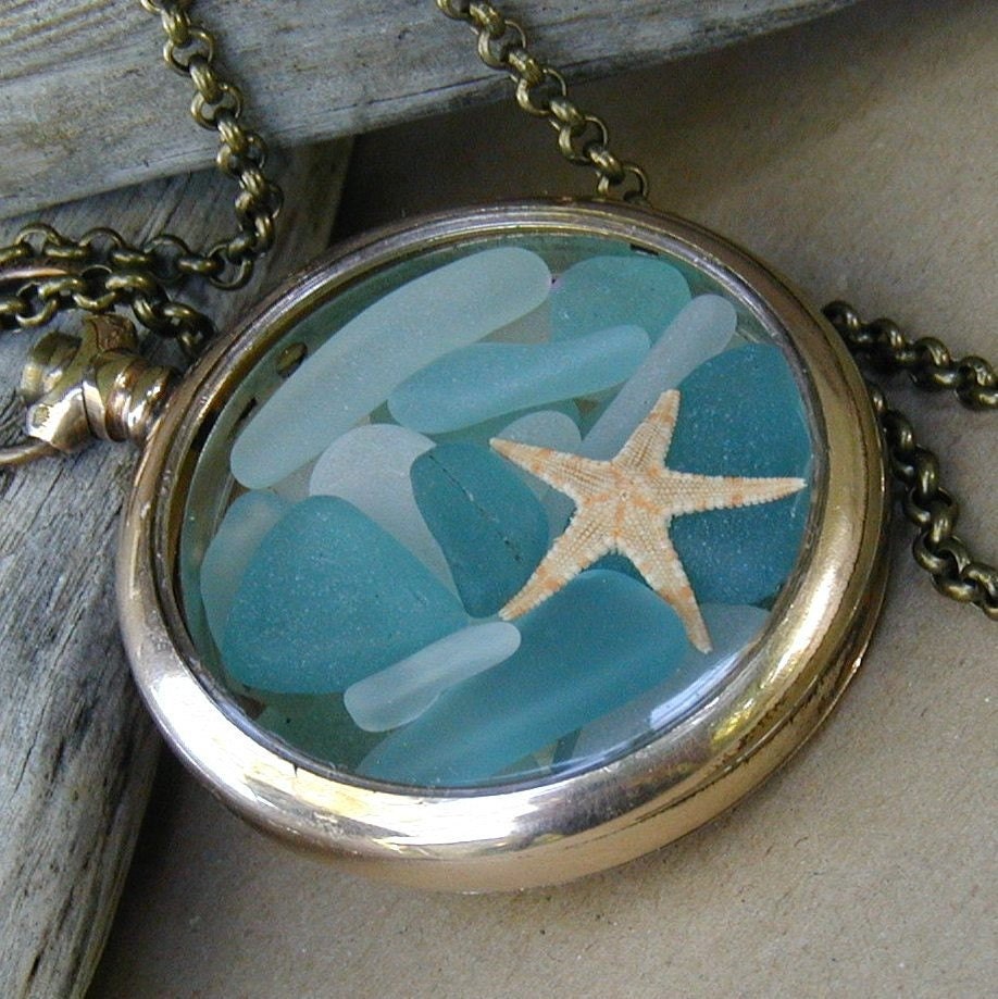 Ocean Treasures Antique 14k GF Pocket Watch Locket Sea Glass Necklace