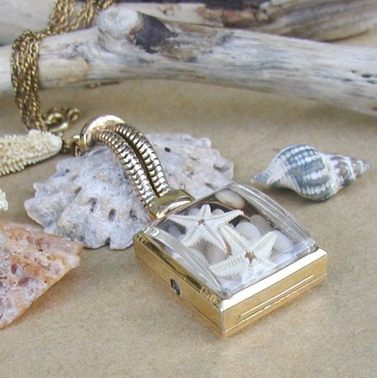 14k GF Vintage Watch Case Sea Glass Shells and Beach Treasures Necklace