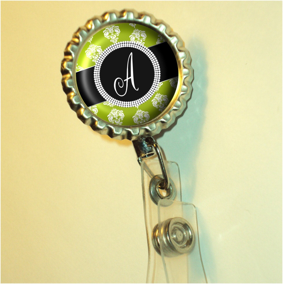 Damask and Dots Customized Metal Retractable Bottle Cap ID Badge Reel - Lots of colors and designs to choose from