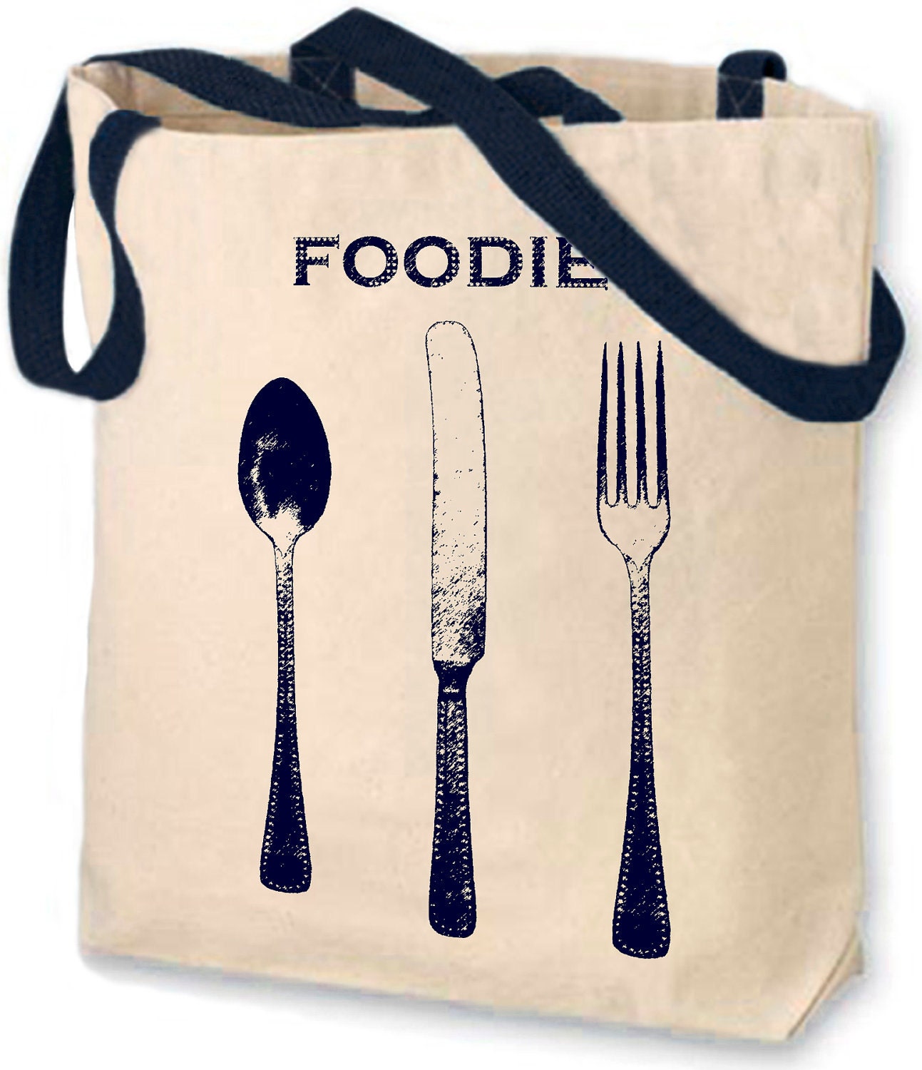 vintage design FOODIE navy handle cotton canvas tote bag