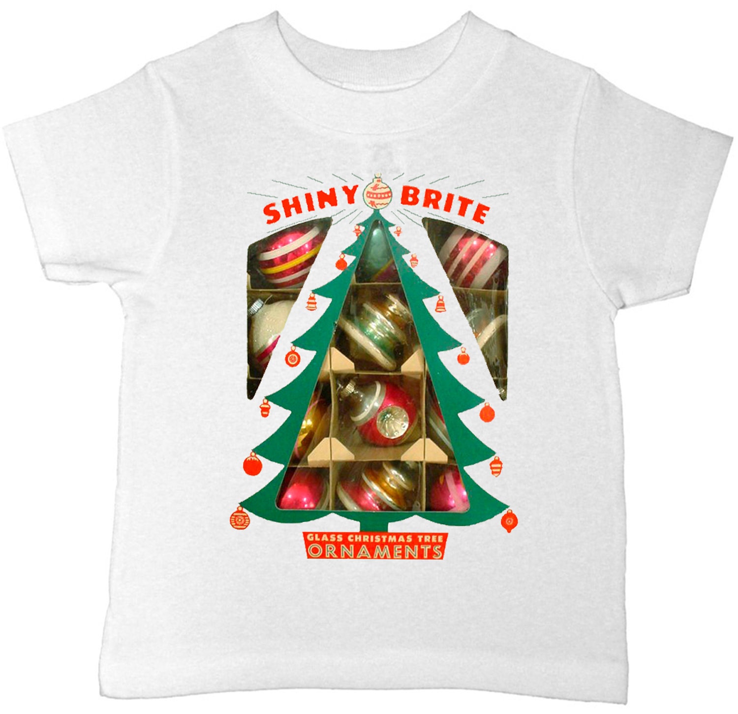 vintage design SHINY BRIGHT Christmas ornaments children's toddler white cotton t-shirt