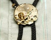 Skull N Cross Bones Bolo Tie - Steampunk Repurposed Watch Movement Bolo Slide With Skull And Crossbones - Rockabilly Country Western Wear