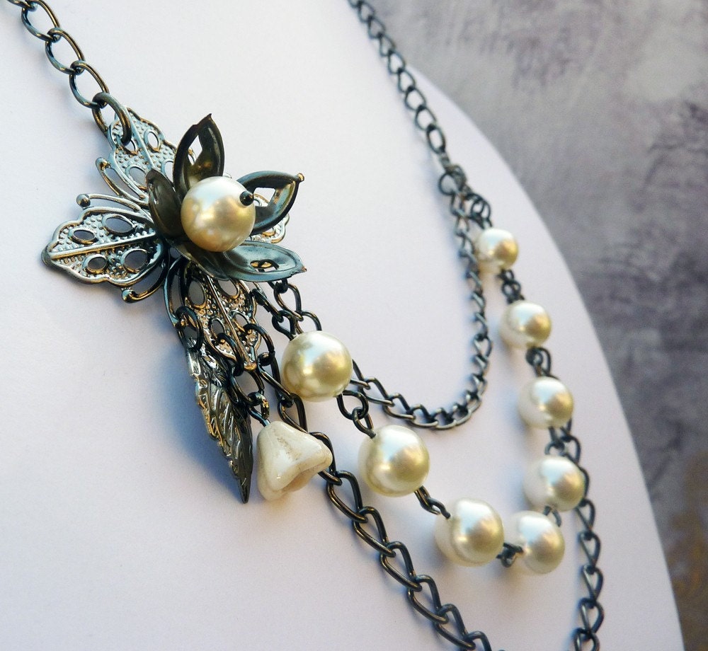May Sale 10% off - Pearl and Black Chain Asymmetrical Layer Necklace - Filigree, Flower, White