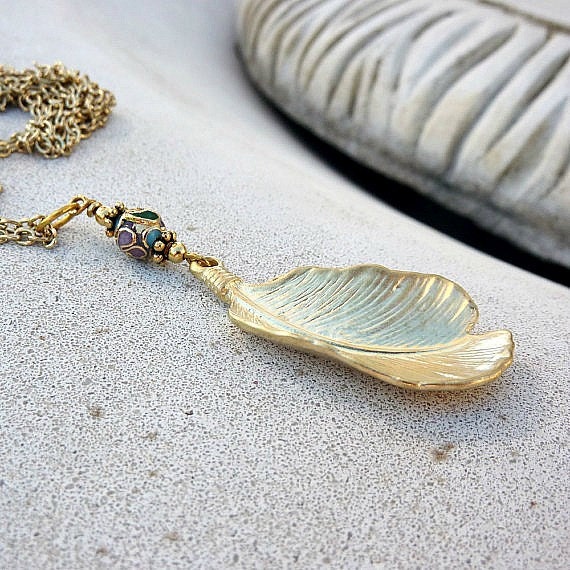 May Sale 10% off - Long Gold Feather Necklace - Bohemian, Southwestern, Tribal, Nature, Woodland