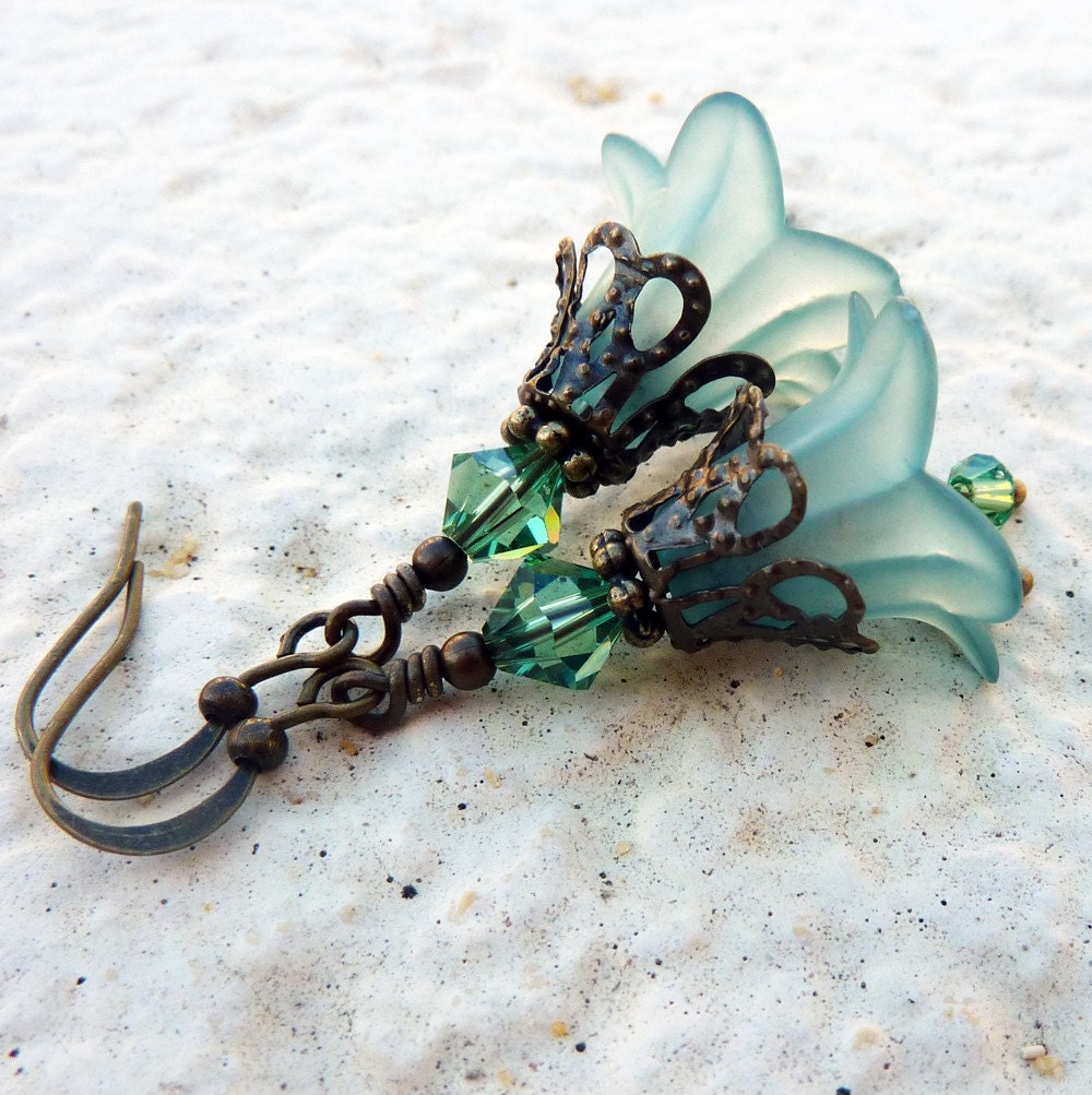 Last Pair - Frosted Aqua Teal Bohemian Flower Earrings