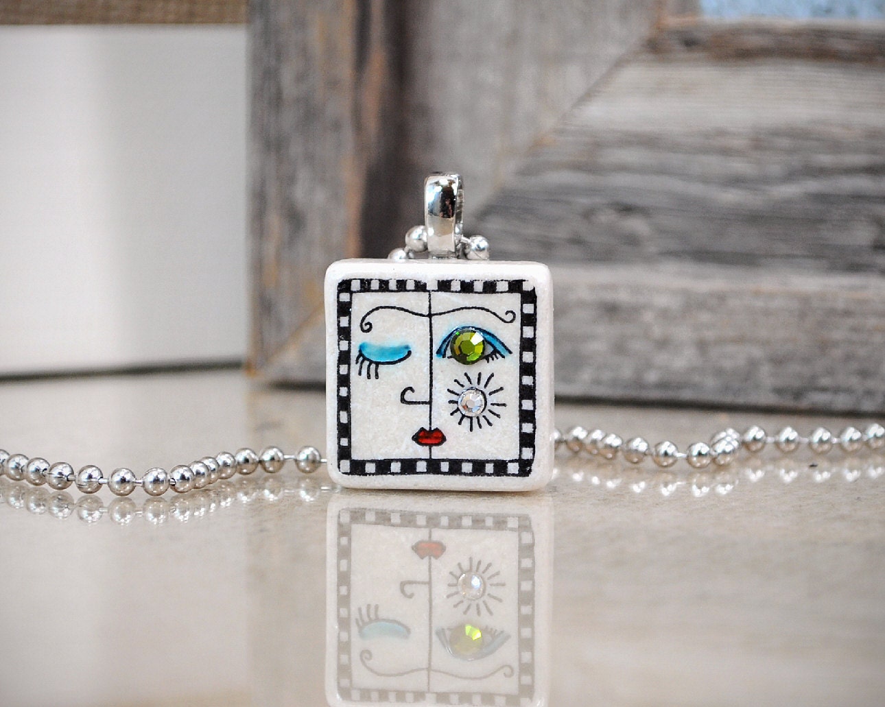 Green Eyed Wink One Inch Square Stone Tile Pendant with Ball Chain
