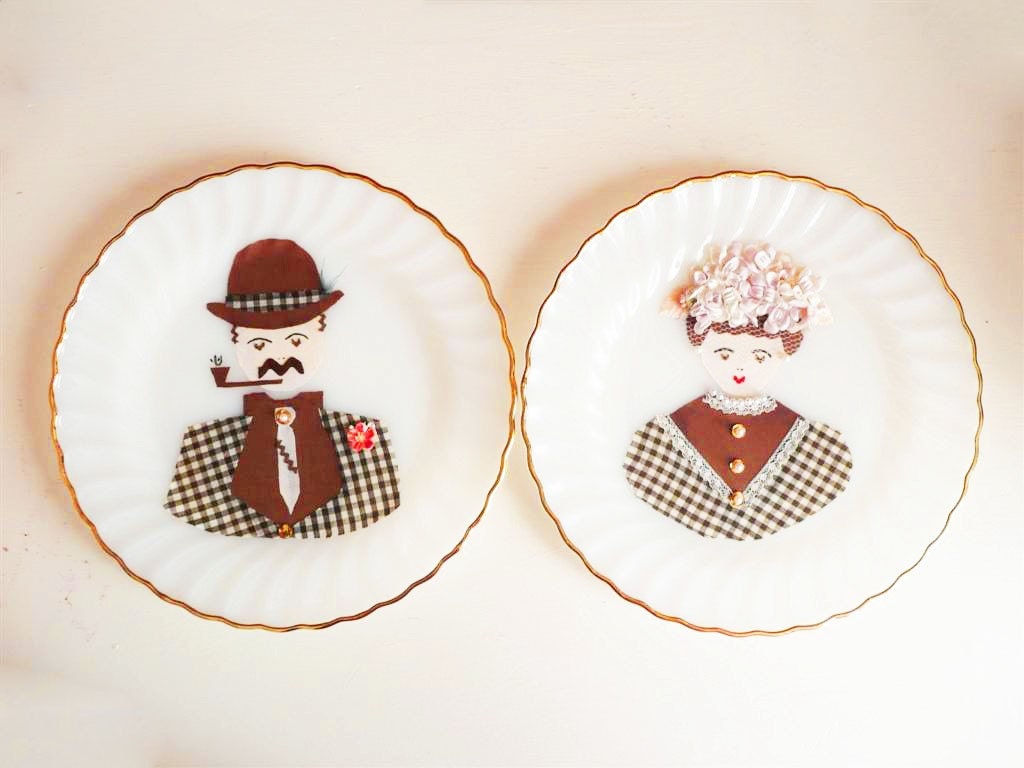 Vintage Portrait Plates, Anchor Hocking, Fire King, Husband and Wife, Milk Glass Plates, Handmade, Kitsch, Wedding Gift, Anniversary Gift