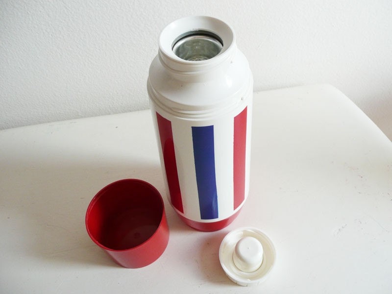 Thermos, Vintage, Thermo Serv, West Bend, Retro, Red White Blue, Striped, Patriotic Stripes, USA, Fourth of July, Picnic Gear