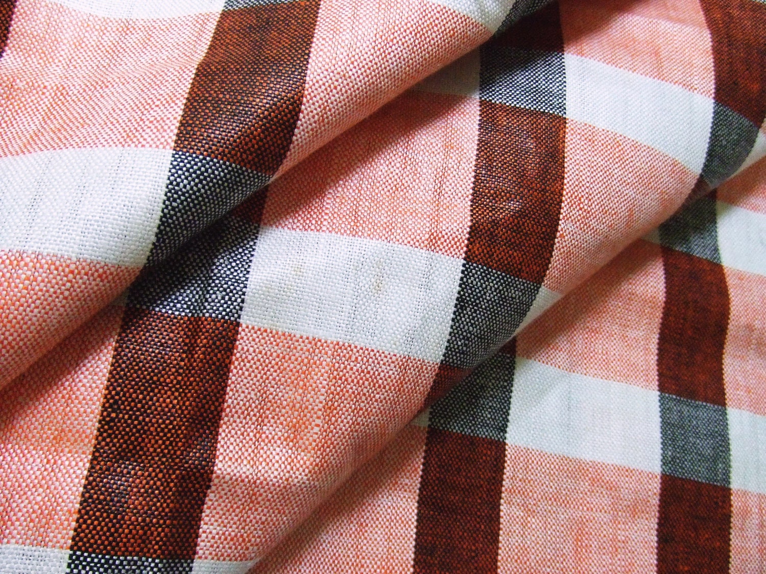 Vintage Irish LINEN Plaid Tablecloth Orange Black