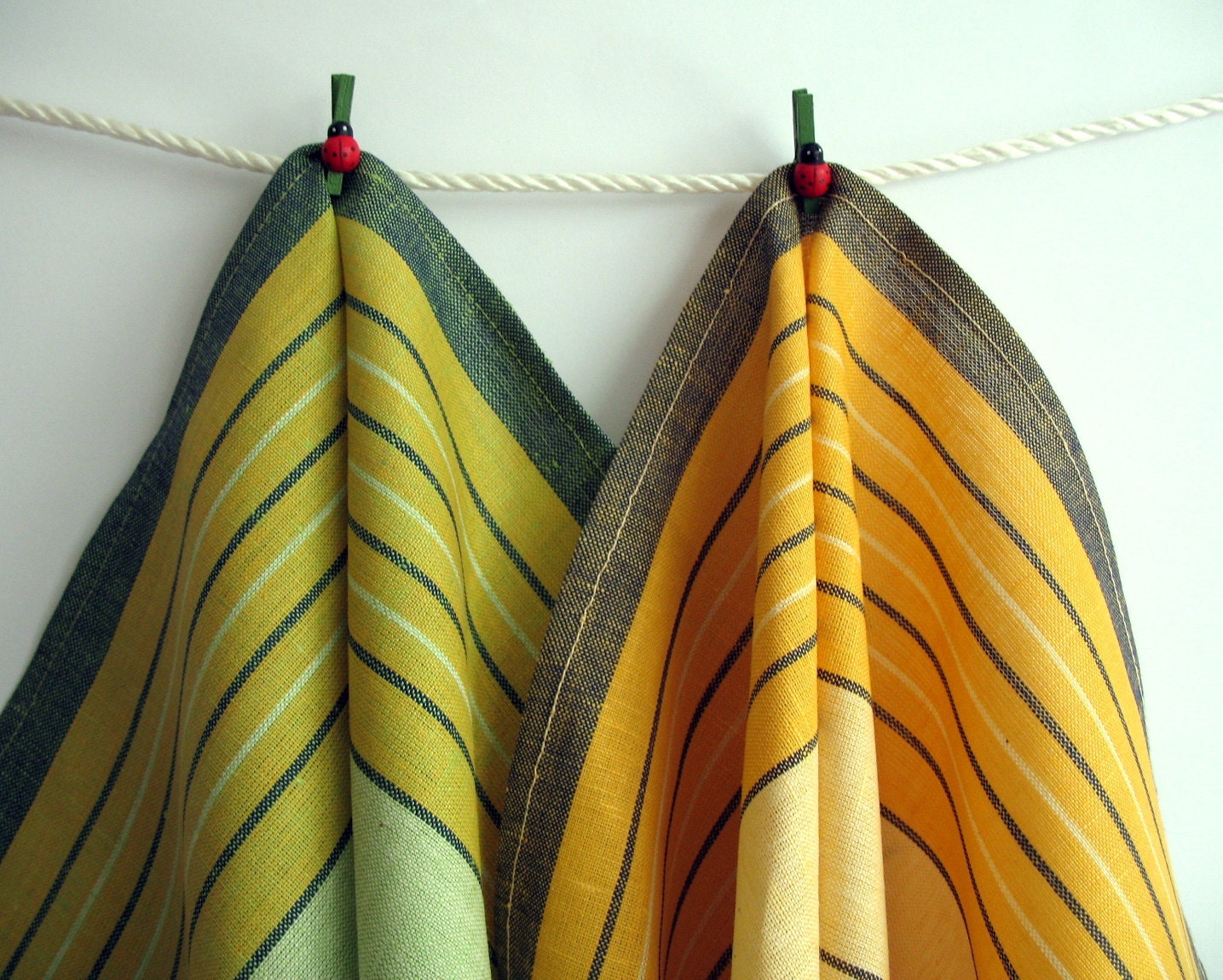 Set of 2 Organic Tea Towels. Linen Kitchen Towels. Yellow and Green Striped Linen Tea Towels. Marigold Linen Dish Towel. Linen Tea towel