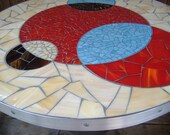 Handmade Stained Glass Mosaic Table Top red aqua blue cream brown "Buena"