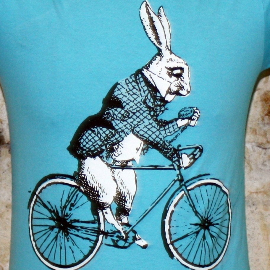 Alice in Wonderland's White Rabbit on a Bike - American Apparel Aqua TShirt - Available in XS, S, M, L and XL - FREE SHIPPING
