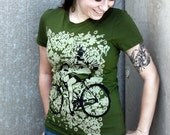Pin Up Girl with Gas Mask on Bike Tshirt - Olive Military Green Ladies American Apparel Screenprinted Shirt  S, M, L and XL