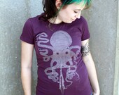 Octopus on a Bicycle - American Apparel Ladies Eggplant Bike TShirt -COMPLIMENTARY SHIPPING - Available in s, m, l and xl