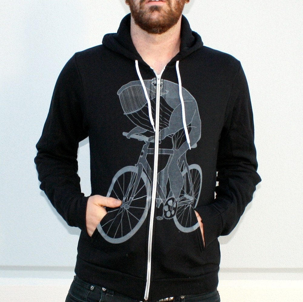 Whale on a Bike - Zip Up Hoodie Jacket  - American Apparel Sweatshirt - Available in sizes xs, s, m, l, and xl