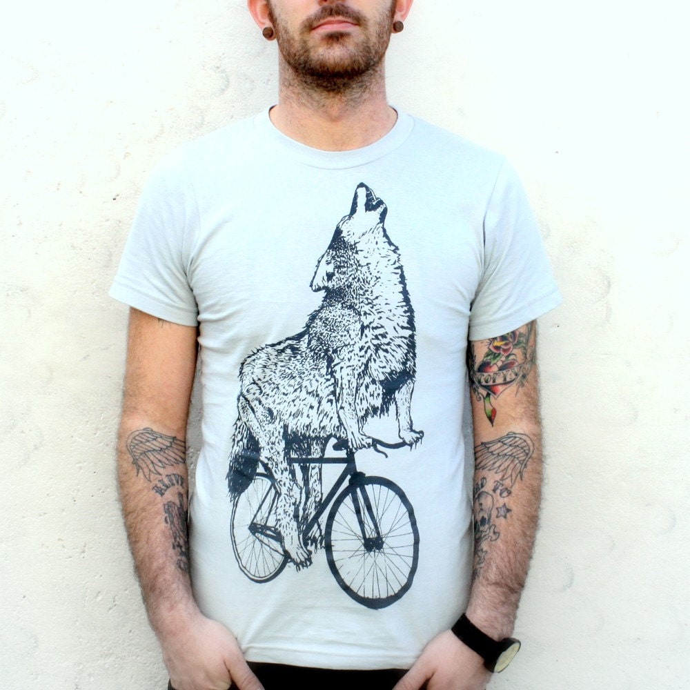 Wolf Print Animal Print Bicycle Art Bike Art Short Sleeve Woodland T SHIRT American Apparel Silver TShirt
