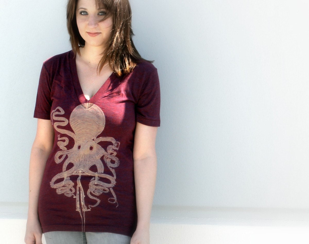 Octopus on a Bike Illustration TShirt - American Apparel Mens/Unisex Vneck Shirt - Cranberry Garnet Red - Available in xs, s, m, l and xl
