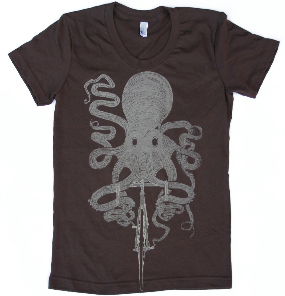 Womens URBAN OCTOPUS on road BICYCLE T-Shirt american apparel S M L xl (Brown)
