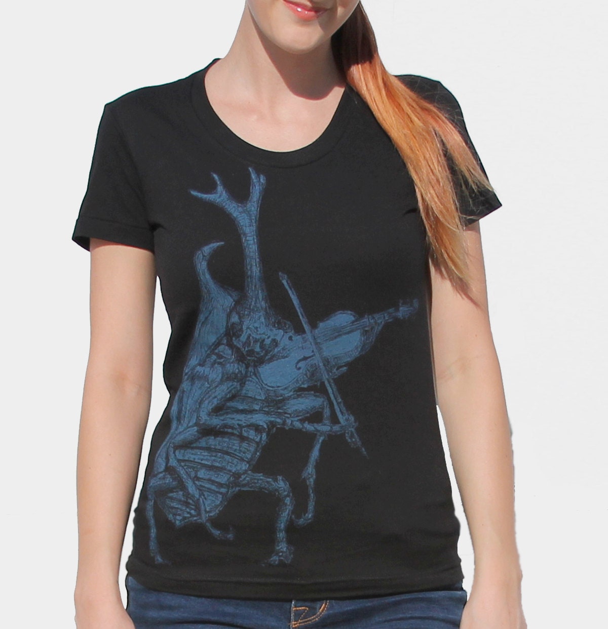 Womens TSHIRT - Insect (Beetle) playing VIOLIN - American Apparel 50 50
