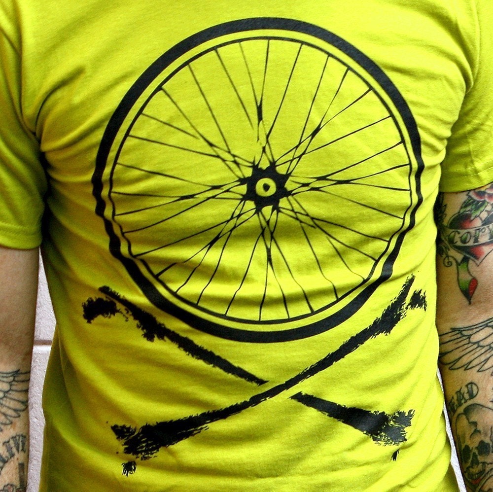 Bike Wheel and Crossbones T-Shirt - Chartreuse Shirt with Black Bicycle Print TShirt - Available in XS, S, M, L, XL and XXL