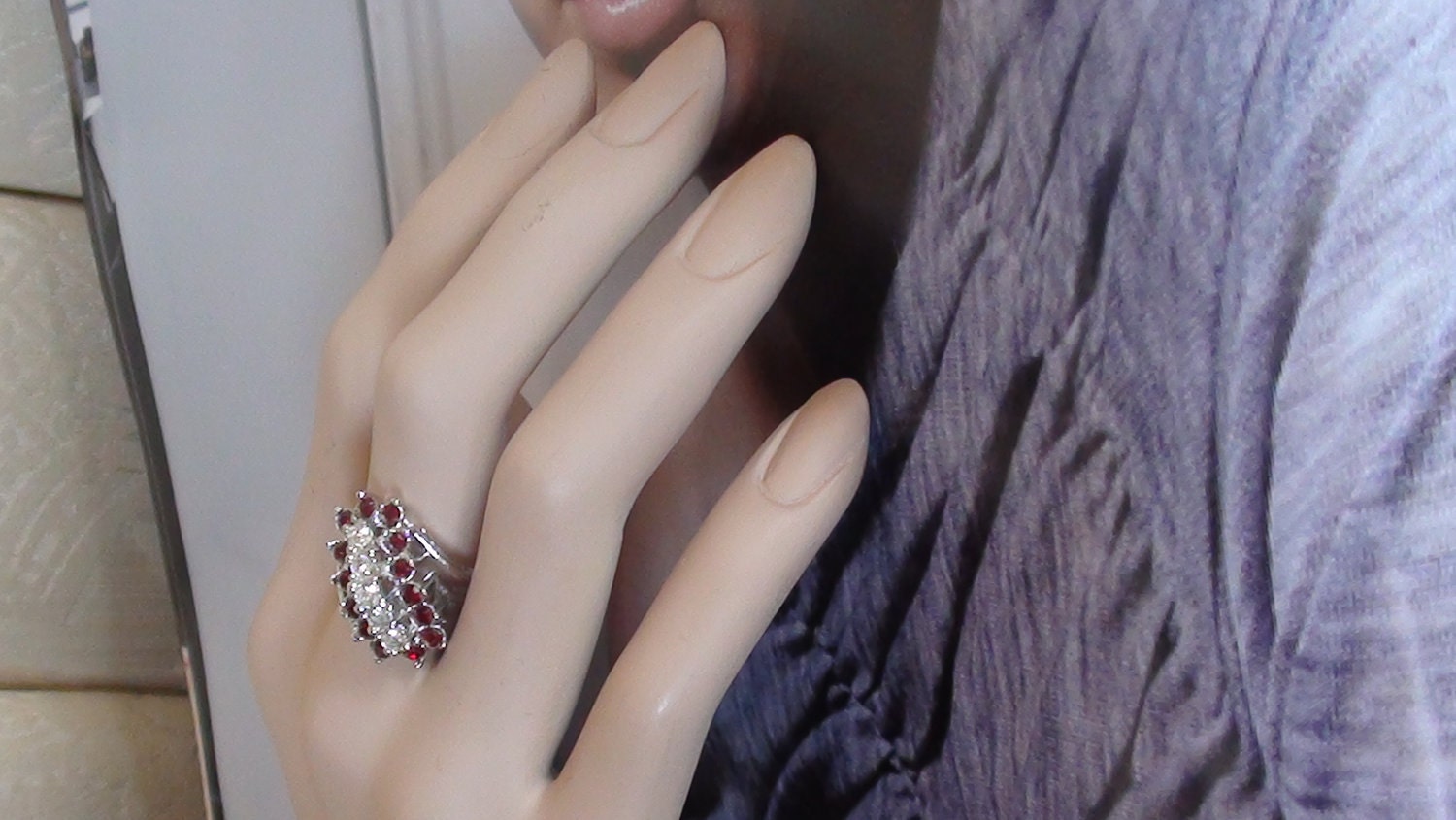 1970's Cluster Ring Cocktail Sparkle REd Ruby Retro Ring  Cz and Clear Cz Diamond made of 18K White Gold HGE with Stunning SPARKS Size 8
