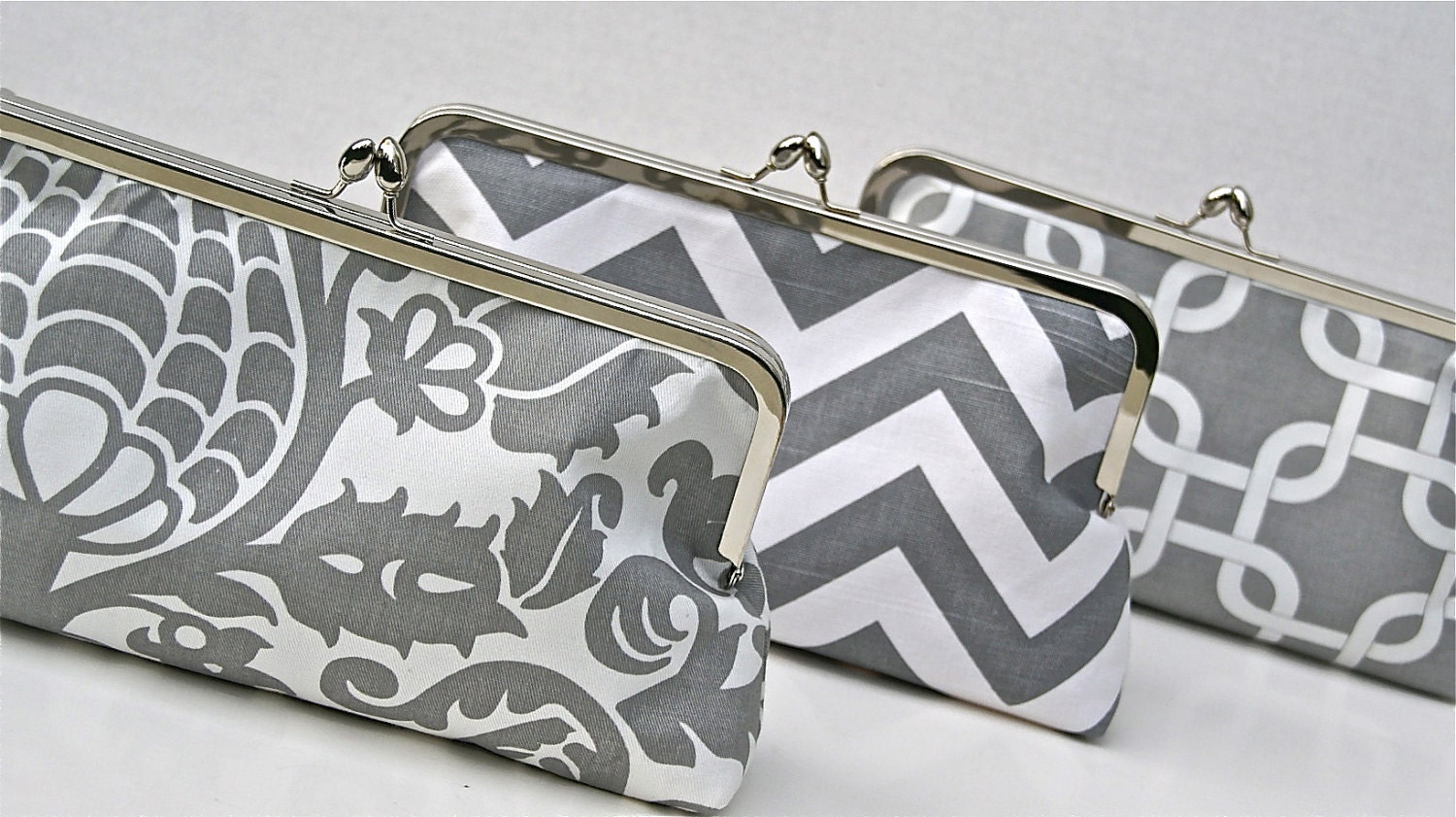 Bridesmaid Clutch Set in varying shade and patterns of gray Design your own