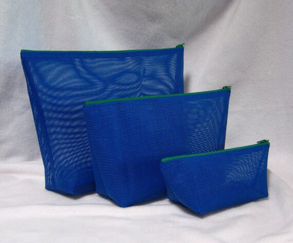 Mesh Zippered Bag Set of Three Blue w/Green Zipper by quiltedrobin