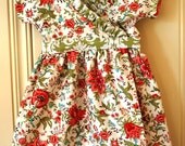 Sweet girls wrap dress in vintage style print and lovely green damask accent fabric