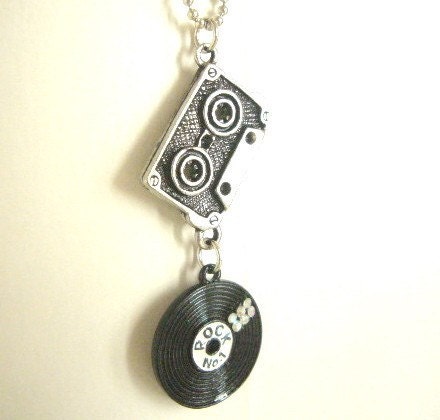 Black Disc Record and Cassette Tape -Listen To The Retro Sound Necklace