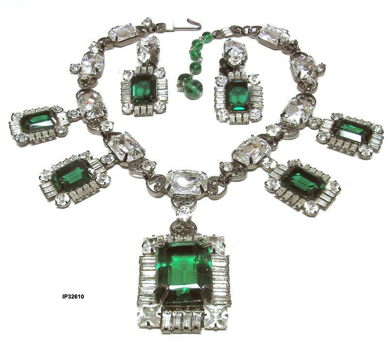 Larry Vrba Runway Necklace Earrings Set Vintage Emerald Diamond