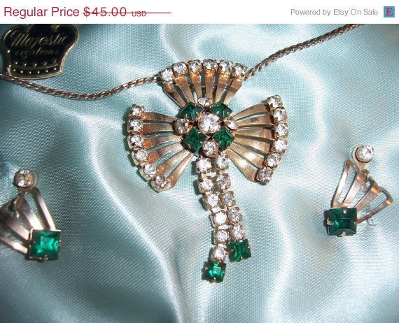 Vintage Majestic Creations Rhinestone Necklace Pendant Brooch & Earrings Demi Parure In Original Box