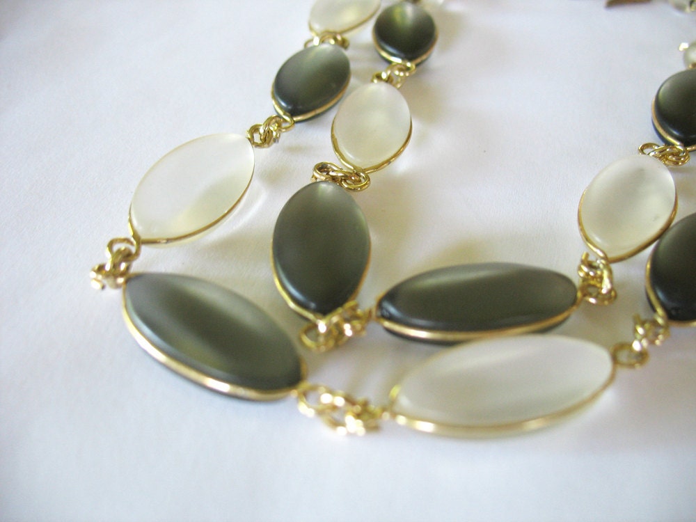 Vintage Glass Beaded Necklace & Earrings Demi Parure W. Germany Smokey Gray and Frosted Clear Goldtone Accents