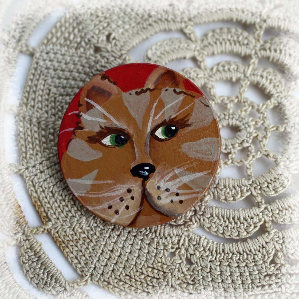 Primitive Hand Painted Wood Pin or Brooch Tabby Cat