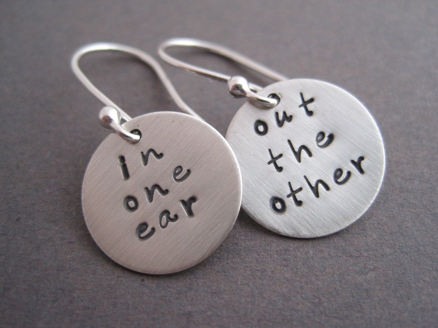In One Ear  Out the Other Silver Charm Earrings - Personalized Earrings - Hand Stamped Earrings - Dangle Earrings - Whimsical Jewelry