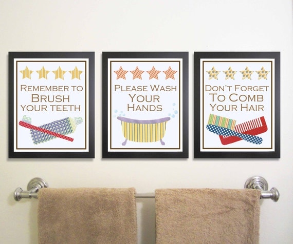 Kids Art, Bathroom Art- Brush Your Teeth, Wash Your Hands, Comb Your Hair, Nursery Art, Children's Wall Decor 11 x 14