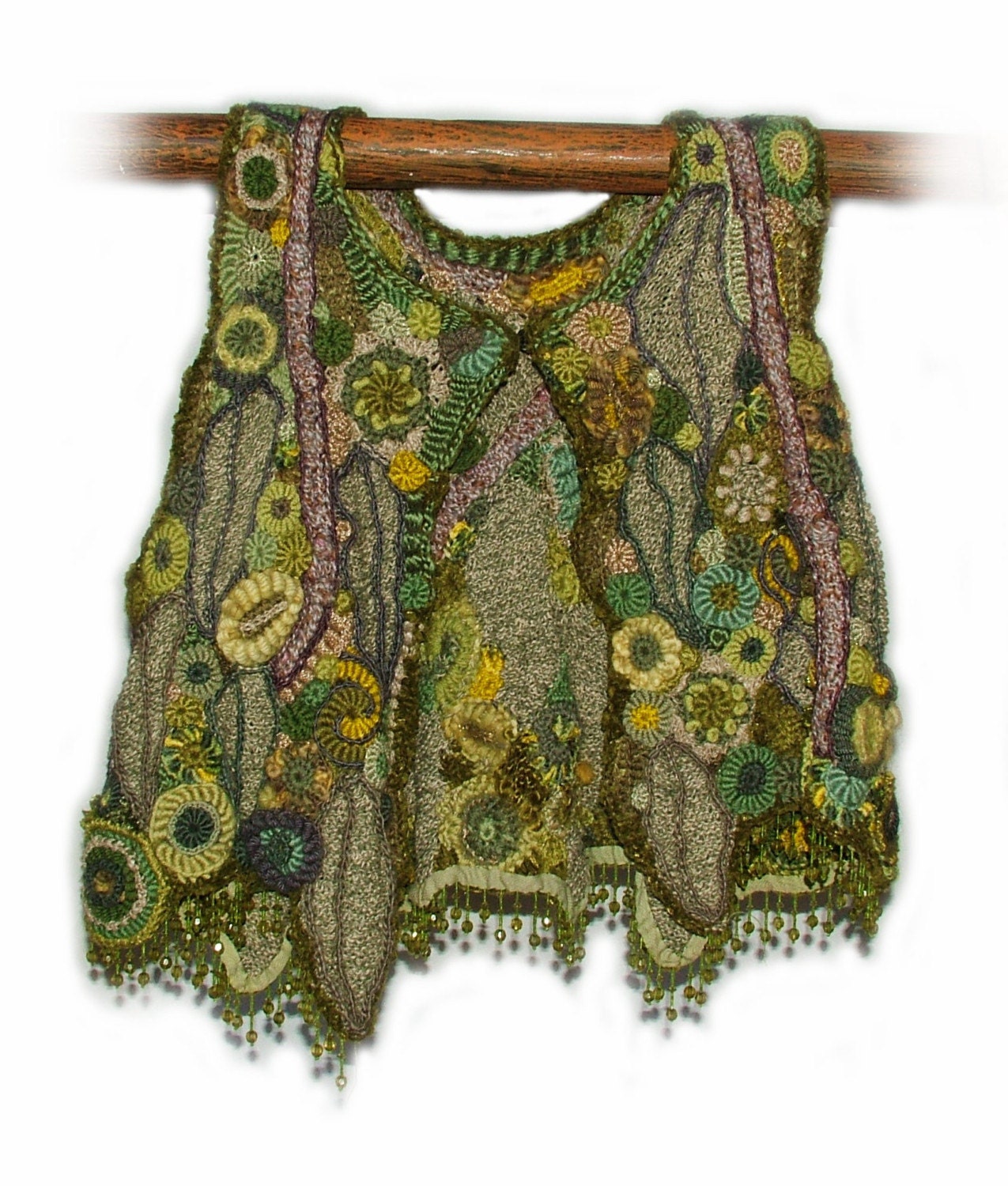 Green Womens Vest OOAK Freeform Crochet Wearable Art, Crystal Grove
