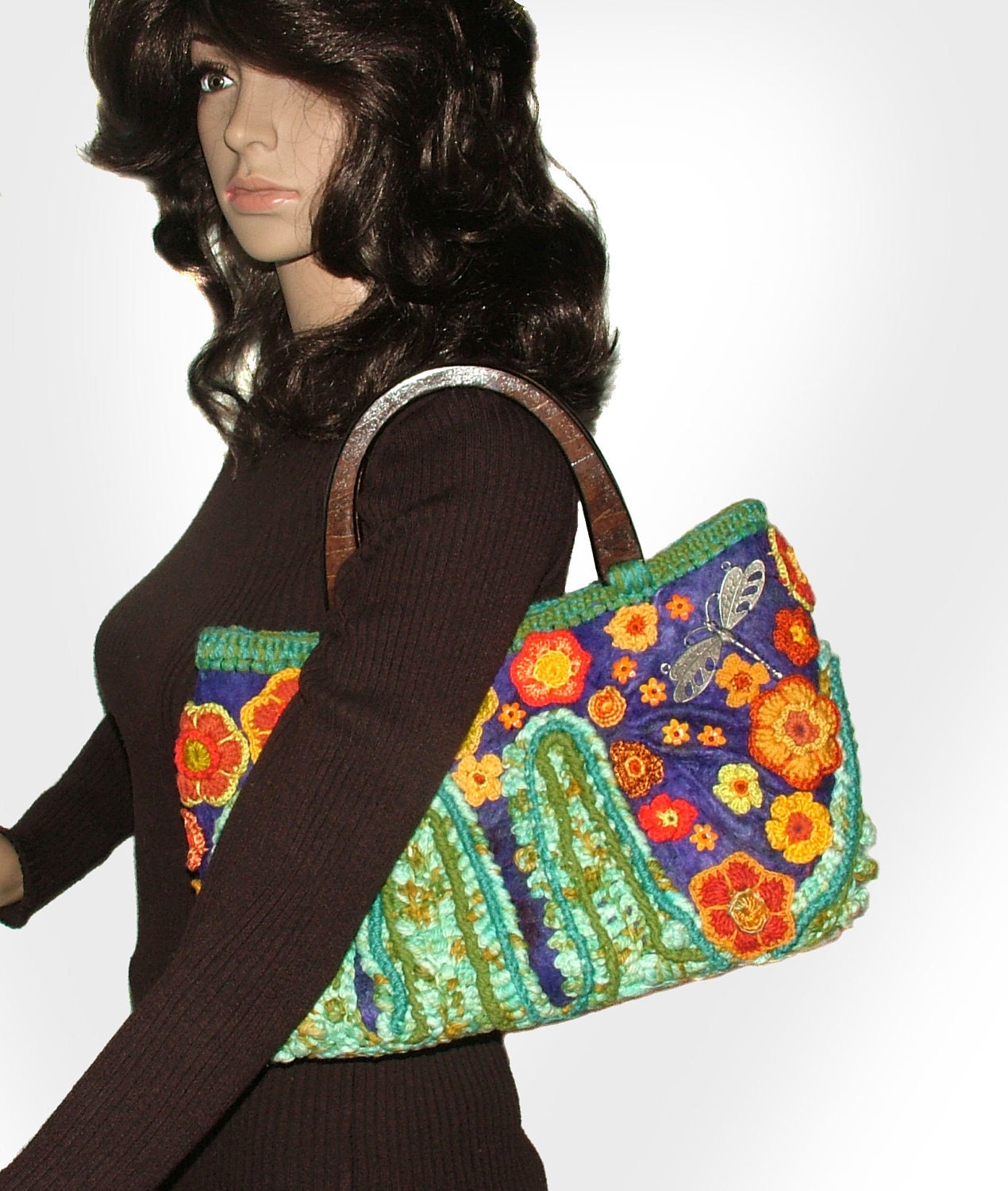 Floral Handbag Tote Carry bag Freeform Crochet OOAK