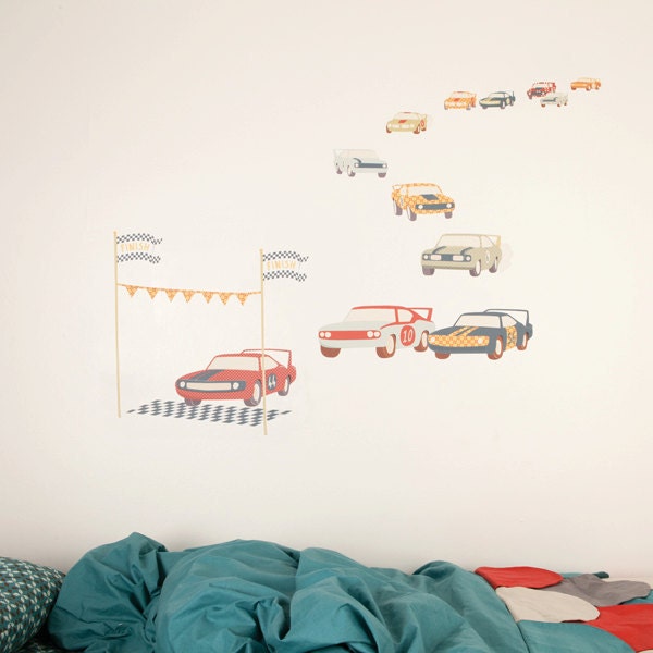 Wall Decals Racing Cars (Reusable and removable fabric stickers, not vinyl) - Start Your Engines