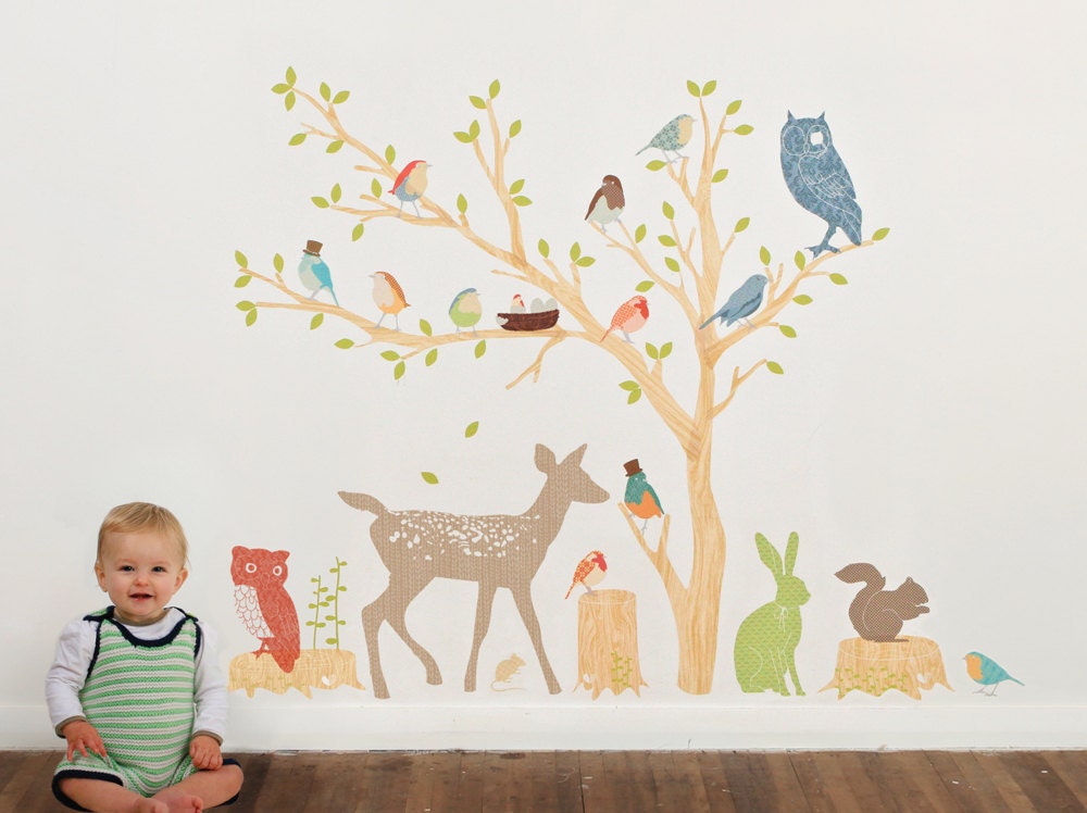 Wall Decals Woodland (Reusable and removable fabric stickers, not vinyl) - Discount set - Earthy Woodland Scene