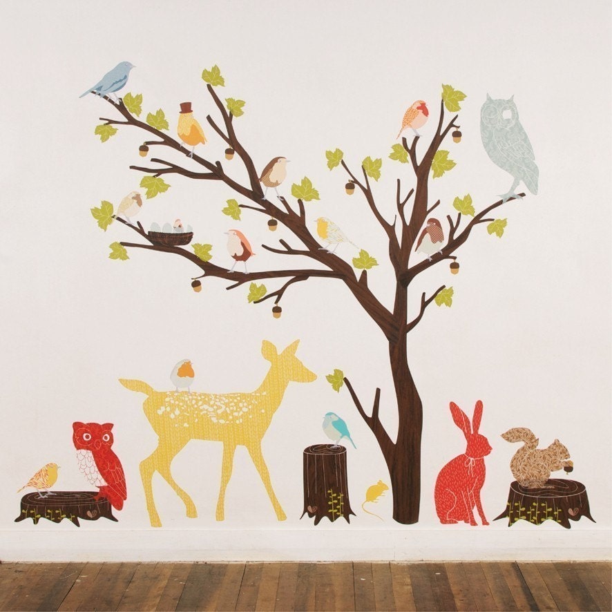 Wall Decals Woodland (Reusable and removable fabric stickers, not vinyl) - Discount set - Retro Woodland Scene