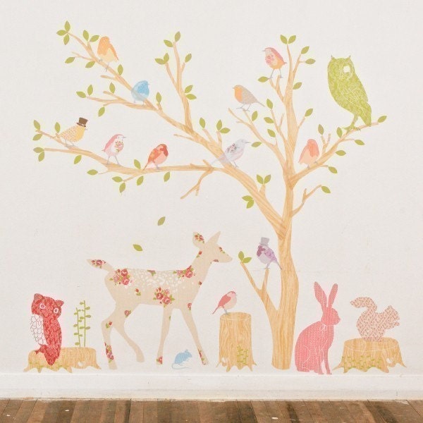 Wall Decals Woodland (Reusable and removable fabric stickers, not vinyl) - Discount set - Girly Woodland Scene