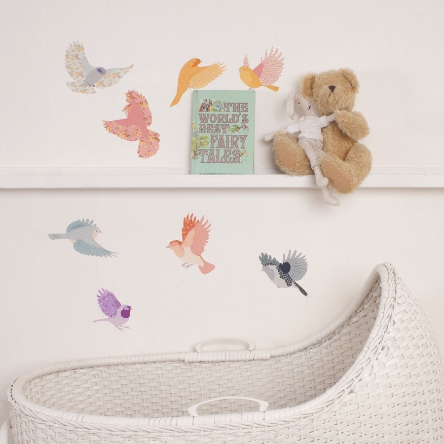 Wall Decals Birds (Reusable and removable fabric stickers, not vinyl) - Flying Twitters (girly)