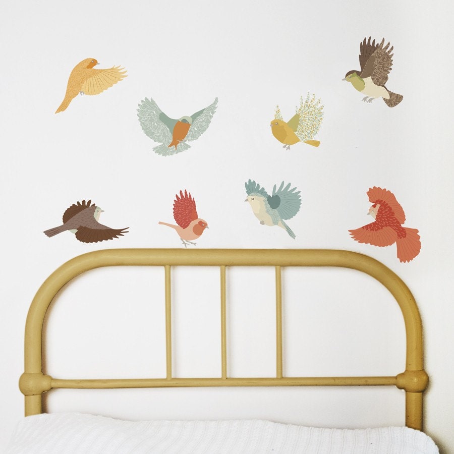 Wall Decals Birds (Reusable and removable fabric stickers, not vinyl) - Flying Twitters (earthy)
