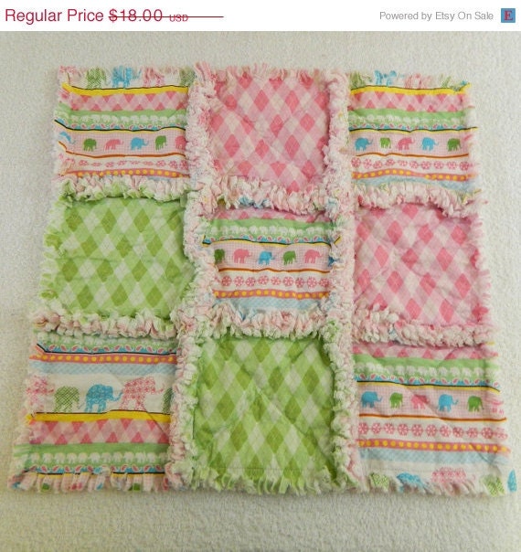 On Sale Elephants Rag Blanket - Pink, Blue, & Green