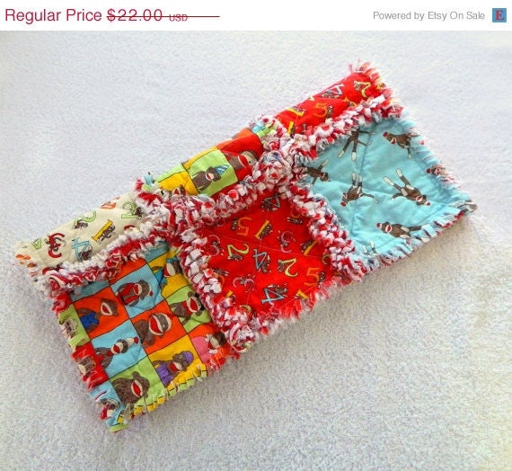 On Sale Sock Monkey Blanket - Red, Blue, & Brown Baby Rag Quilt Lovey